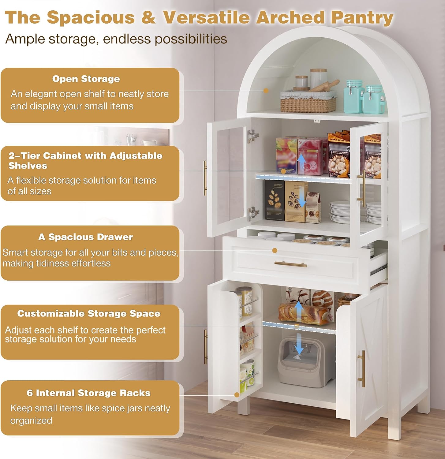 71' Farmhouse Arched Kitchen Pantry Cabinet with Glass Doors & Large Drawer, Wood Versatile Cupboard with Adjustable Shelves for Kitchen Dining Room Living Room Coffee Bar(White)