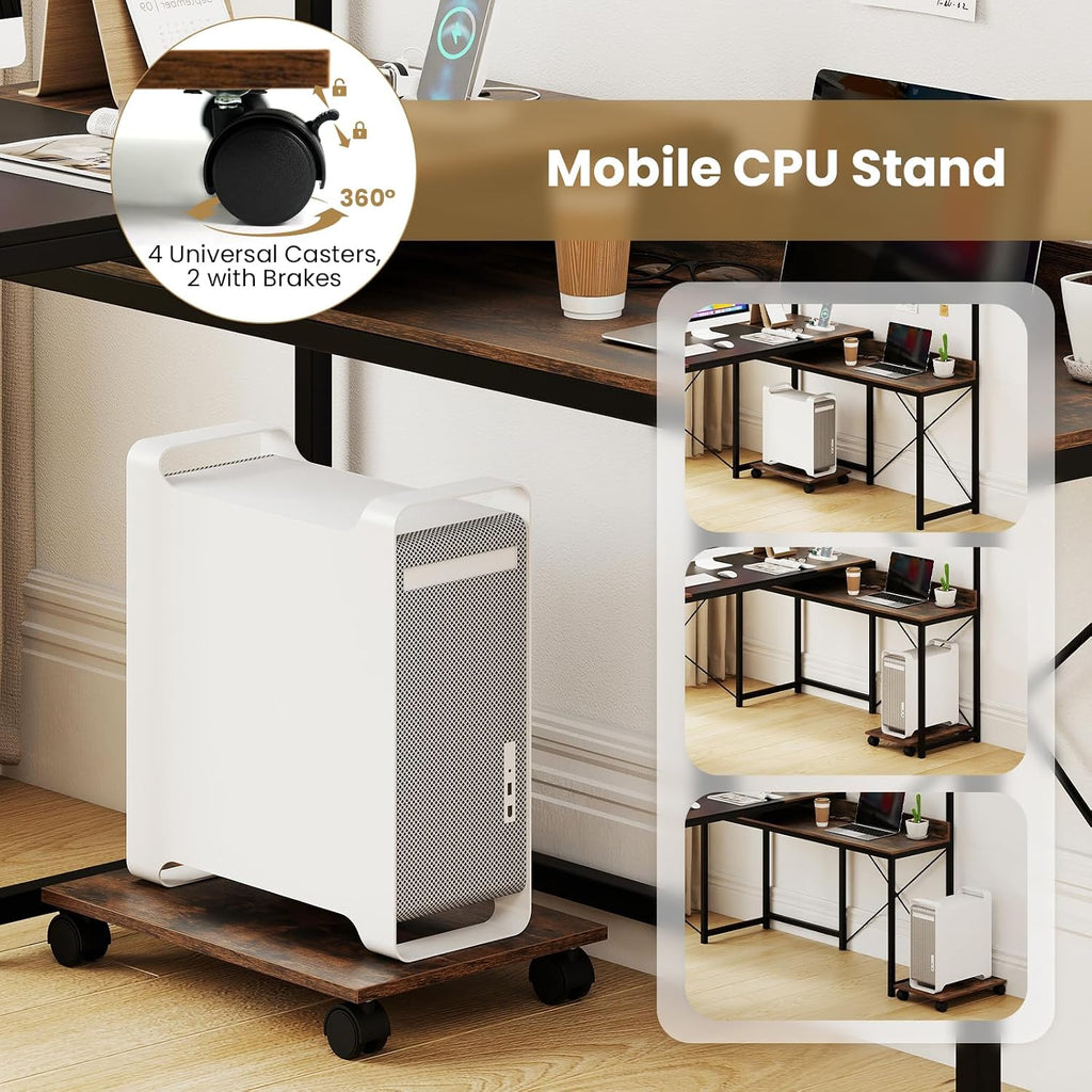 Tangkula 62' Reversible L-Shaped Computer Desk with Hutch & Power Outlets, Corner Computer Desk with 3 Compartments, Shelves & Mobile CPU Stand, Reversible Gaming Table Workstation for Home Office