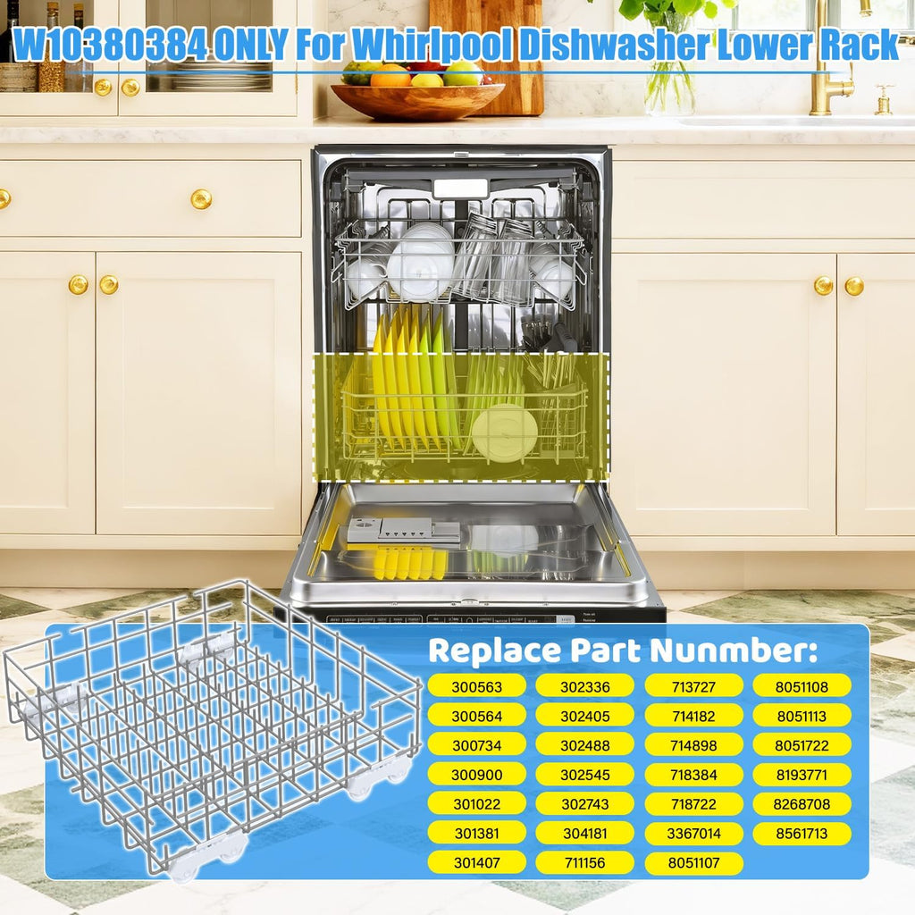 Upgrade W10311986 Dishwasher Lower Rack Replacement W10380384 Compatible with Whirlpool WDTA50SAHZ0 WDT750SAHZ0 WDT970SAHZ0 Dishwasher Parts,For Whirlpool W10380384 Bottom Dish Rack Assembly