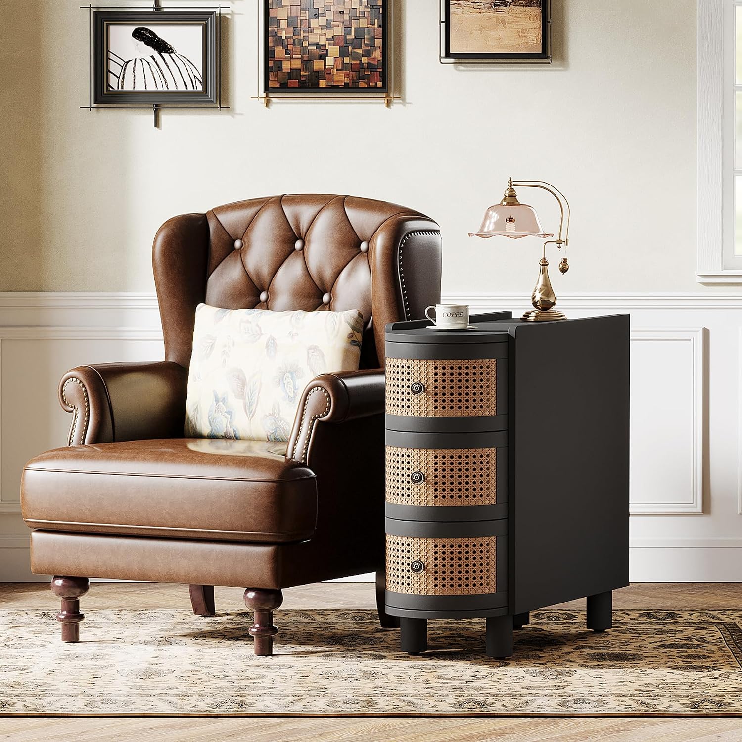 Tribesigns Solid Wood End Table, 3-Drawer Rattan Side Table, Night Stand with 3 Rattan Drawers and Exquisite Embossed Handles for Living Room, No Assembly Required (Black & Oak, 1PC)