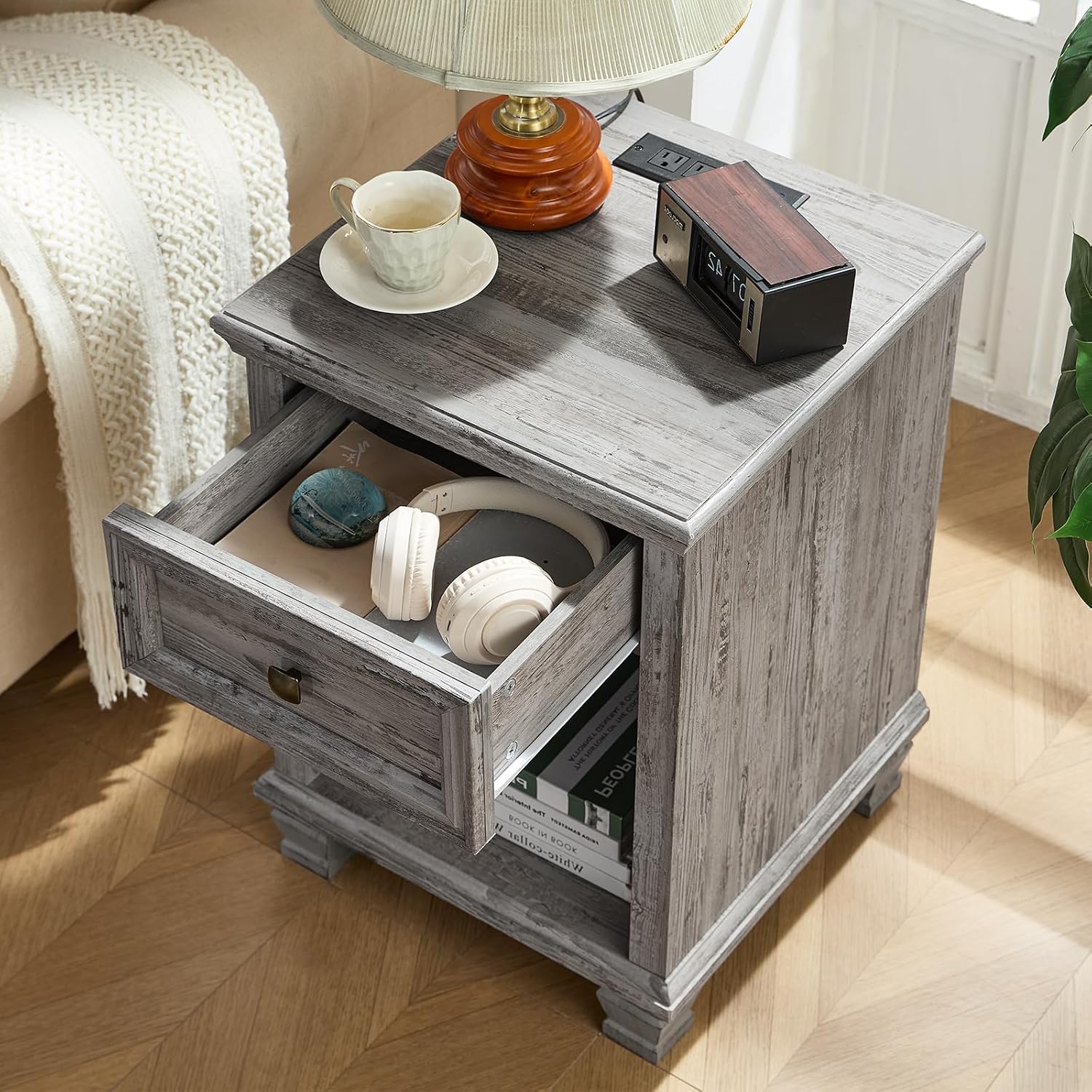 SAVOR LIFE Farmhouse Night Stand Set of 2, Rustic Wood Nightstand with 1 Drawer, Bedside Table with Open Shelf for Bed Room, End Table for Living Room, Grey