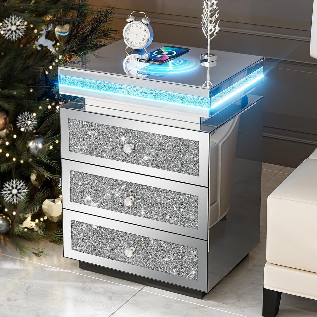 IKIFLY Mirrored Nightstand with Wireless Charging Station, Modern LED Side Table with 3 Drawers, Silver Accent End Table with Crushed Diamonds for Living Room, Bedroom and Office