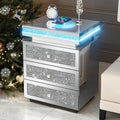 IKIFLY Mirrored Nightstand with Wireless Charging Station, Modern LED Side Table with 3 Drawers, Silver Accent End Table with Crushed Diamonds for Living Room, Bedroom and Office