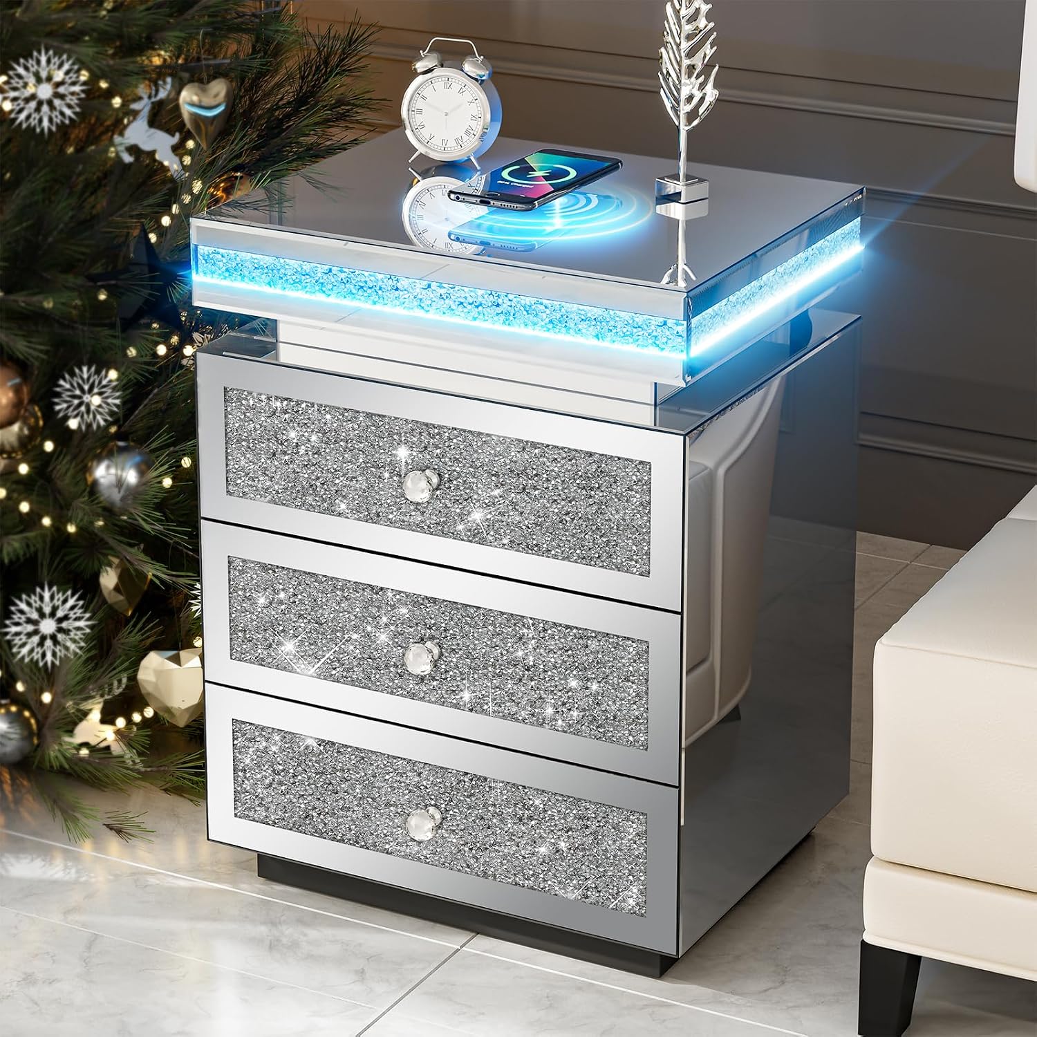 IKIFLY Mirrored Nightstand with Wireless Charging Station, Modern LED Side Table with 3 Drawers, Silver Accent End Table with Crushed Diamonds for Living Room, Bedroom and Office