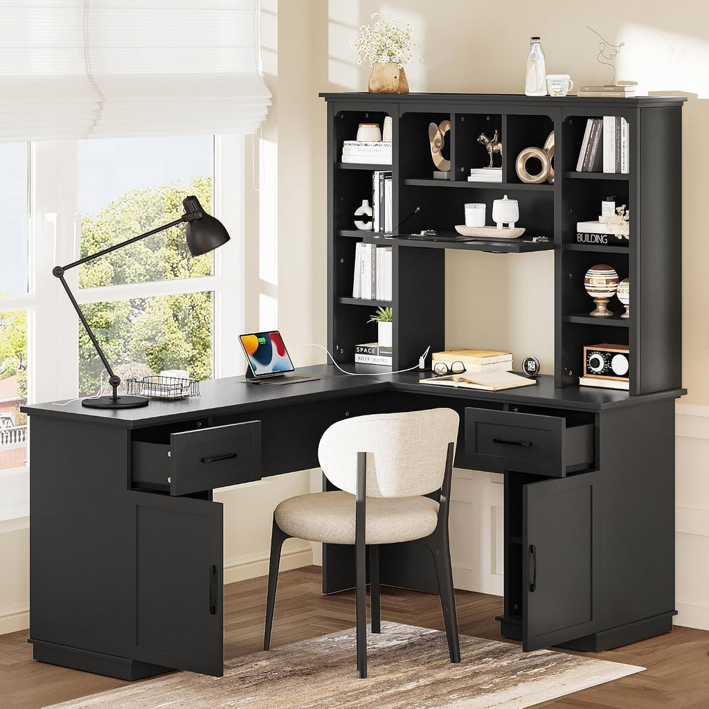 Versatile L-Shaped Computer Desk with 2 Cabinets and 2 Drawers, Power Outlet,11 Open Shelves and 1 Right Flip Shelf,for Study Living Room Office (Black#Drawers)
