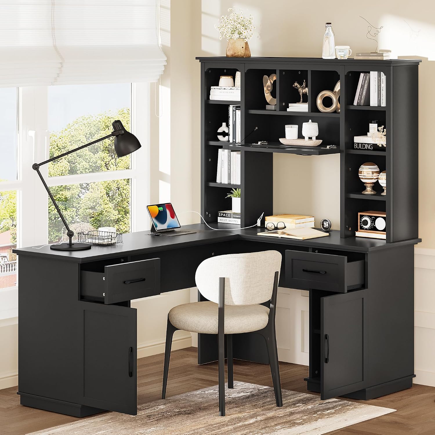 Versatile L-Shaped Computer Desk with 2 Cabinets and 2 Drawers, Power Outlet,11 Open Shelves and 1 Right Flip Shelf,for Study Living Room Office (Black#Drawers)