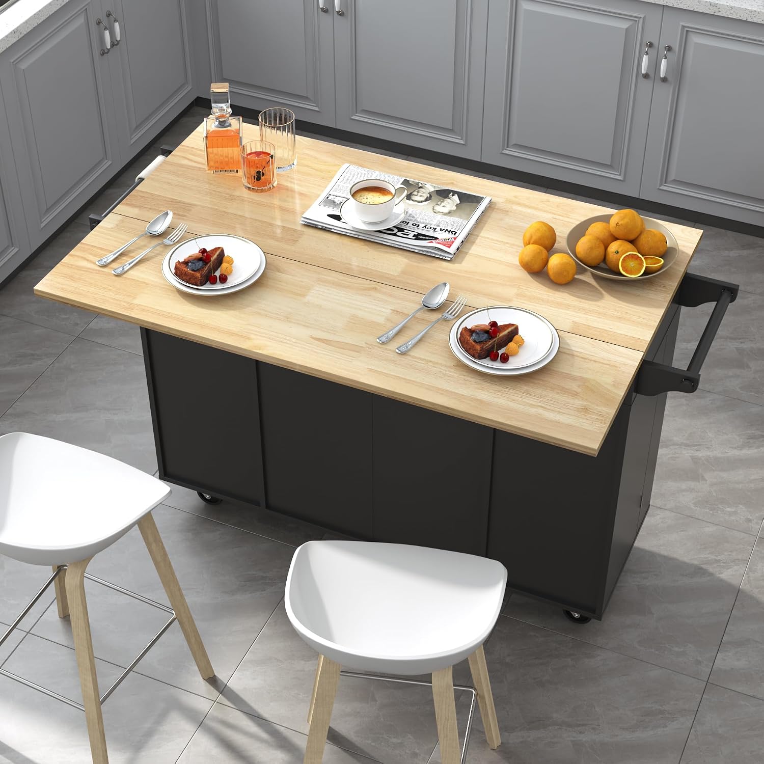 Squireewo 55' Kitchen Cart with Wood Top and Drop Leaf Breakfast Bar, Rolling Mobile Kitchen Island Table on Wheels with Drawer and Storage Cabinet, Spice Rack, Towel Rack, Black