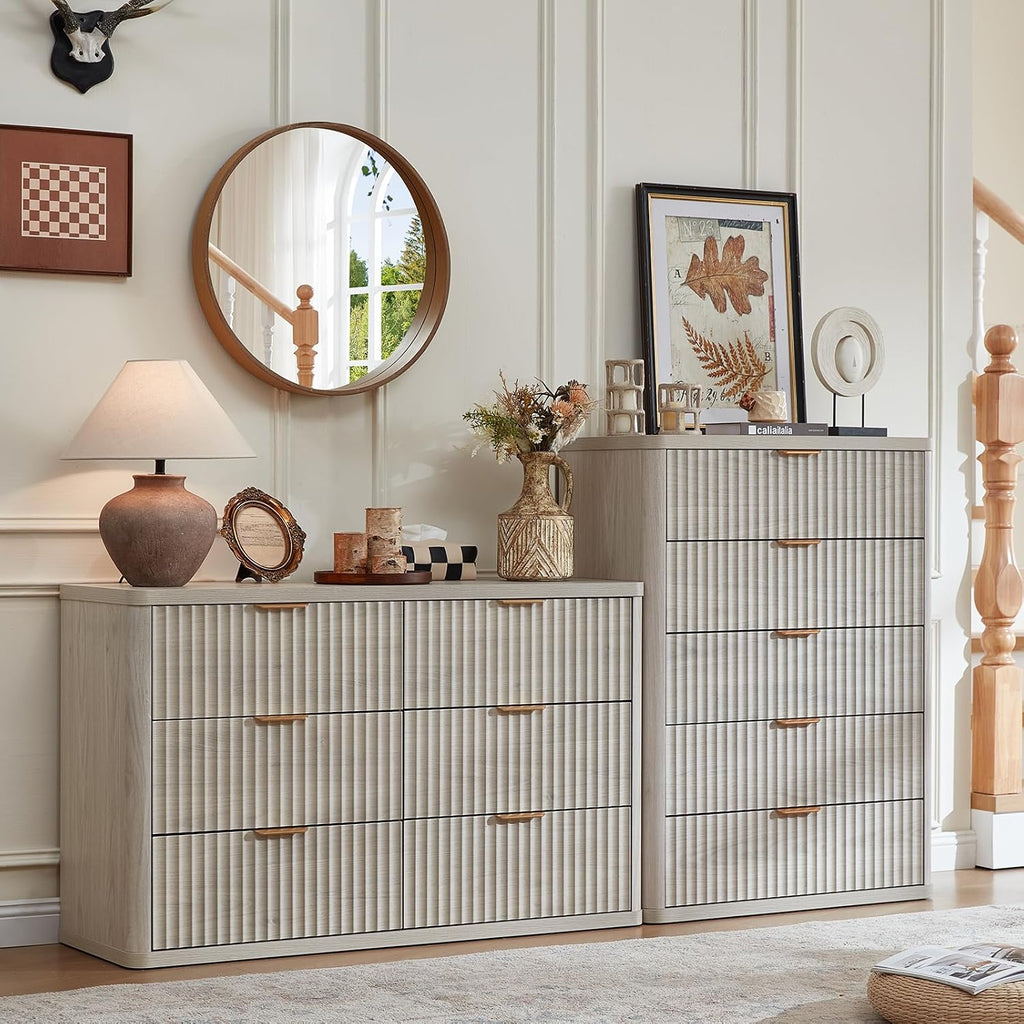 LEYAOYAO Fluted 5 Drawers Dresser Set of 2, 41' Tall Modern Chest of Drawers with Metal Handle, Curved Profile Dresser TV Stand, Wooden Drawer Organizer for Bedroom, Living Room, Hallway, Lightgrey