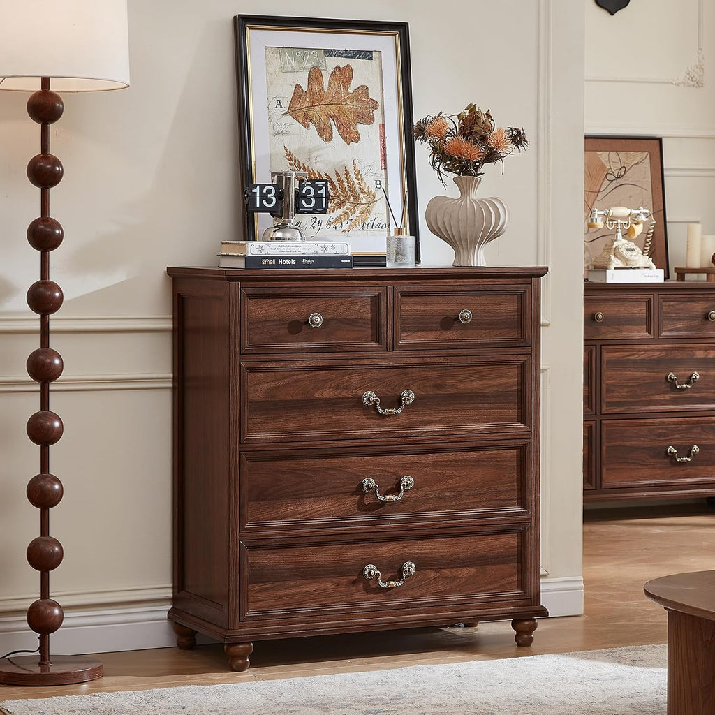Joaxswe Farmhouse 5 Drawer Dresser Set of 2 for Bedroom, 35' Tall Rustic Chests of Drawers w/ 4 Solid Wood Feet, Mid Century Vintage Wooden Closet Storage Dressers Organizer for Living Room,Brown