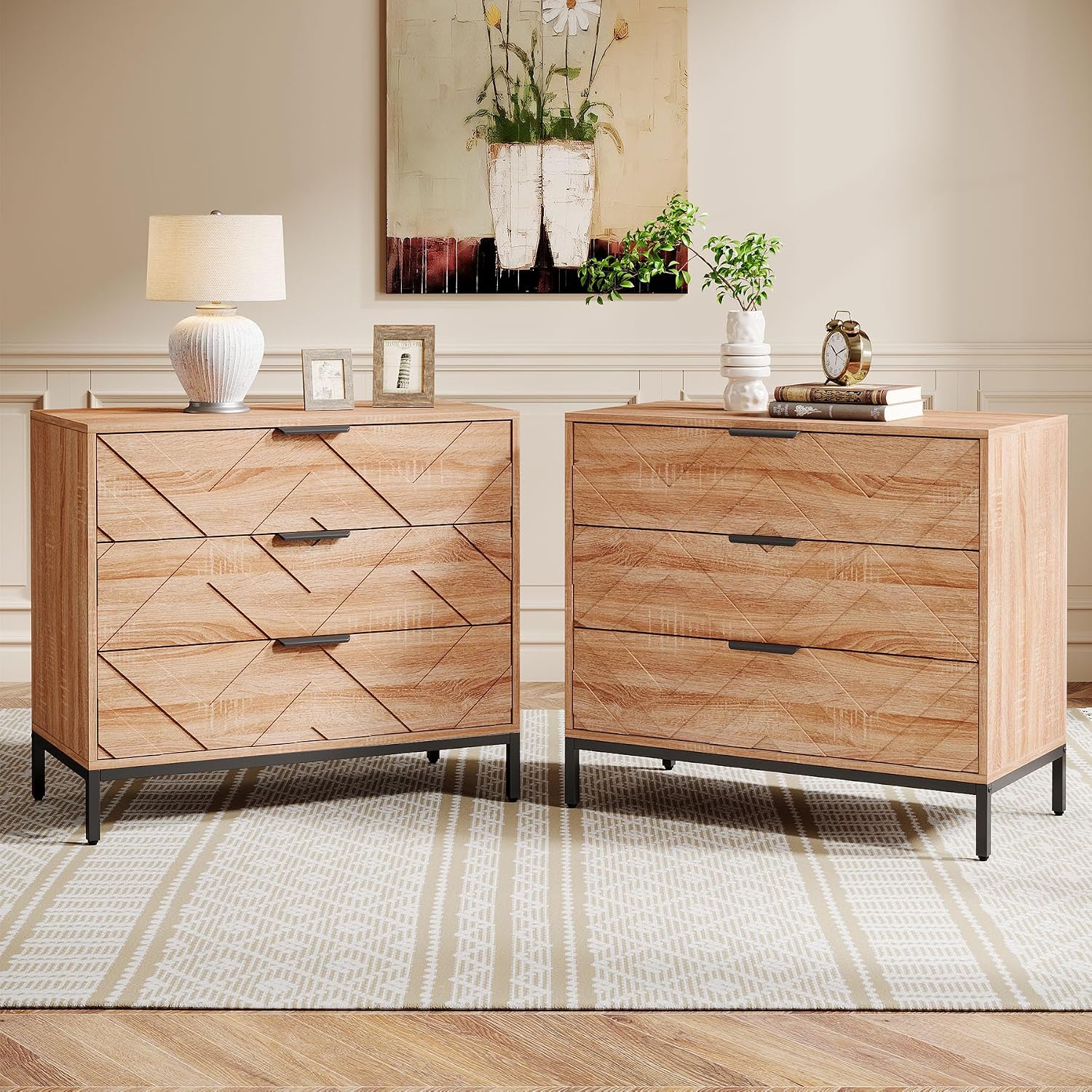 Tribesigns Wooden Nightstand Set of 2 with 3 Drawers, 31' Wide Night Stand with Metal Legs, Modern Large Bedside End Table for Bedroom, Living Room