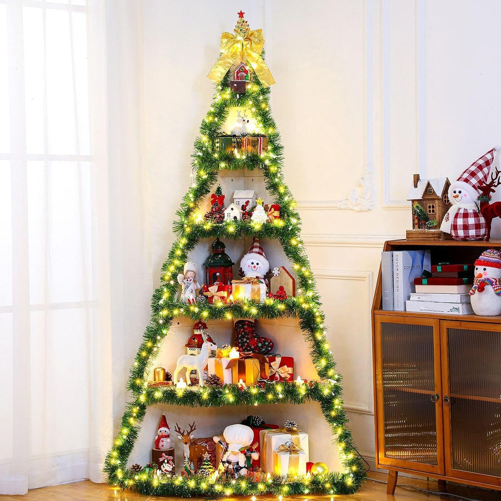 CroBlissful 6 Tier 6ft Christmas Village Display Stand Christmas Tree Corner Shelf Large Wood Platform Bookshelf for DIY Living Room Bedroom Home Office Decor
