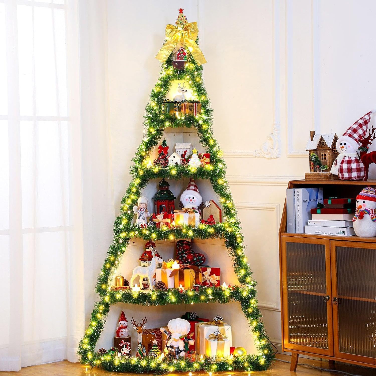 CroBlissful 6 Tier 6ft Christmas Village Display Stand Christmas Tree Corner Shelf Large Wood Platform Bookshelf for DIY Living Room Bedroom Home Office Decor