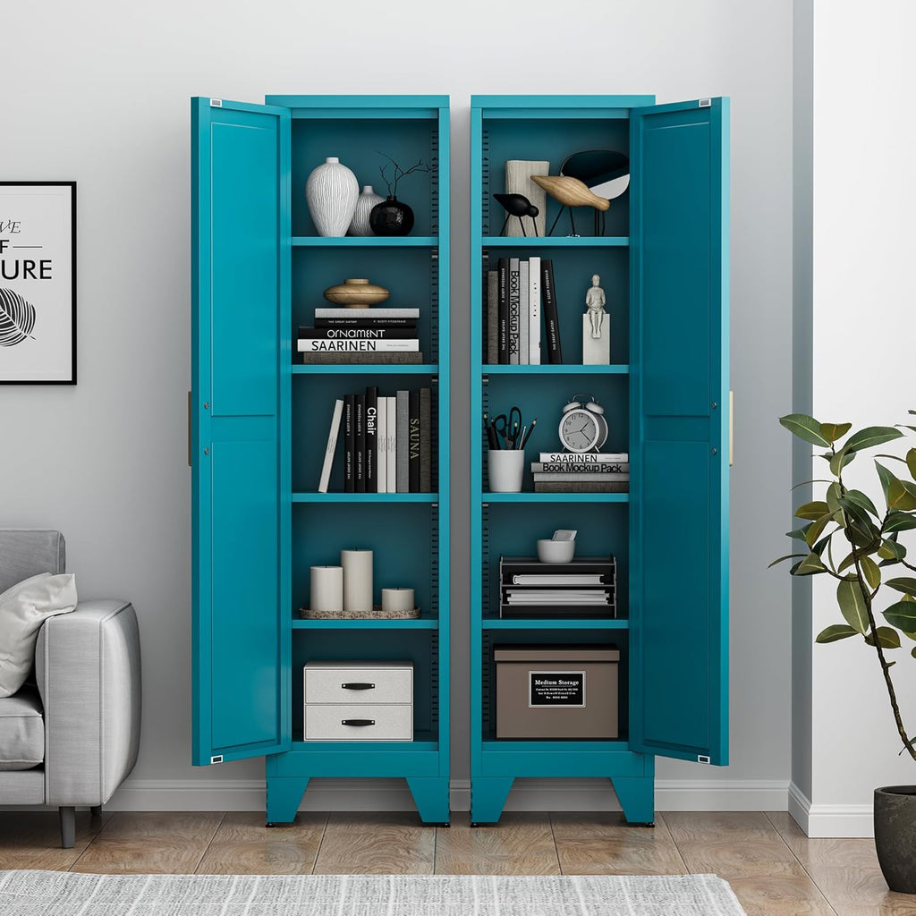 Baborokic Tall Narrow Storage Cabinet,Metal Cabinet with 5 Adjustable Shelves,Narrow Pantry Storage Cabinetwith Single Barn Door, Slim Cabinets for Corner,Bathroom,Kitchen,Entryway 67H Blue