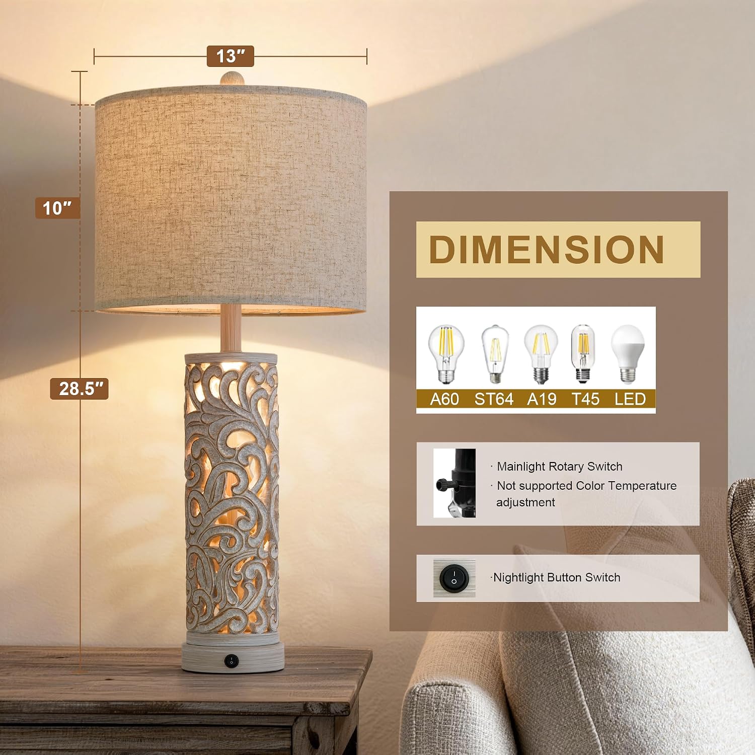 OYEARS 2-in-1 Light Table Lamp Set of 2 for Living Room, 28.5' Farmhouse Bedside Lamps with USB Charging Port, Main&Night Light & Dual Switches, Nightstand Lamp for Bedroom Home Office(Bulb Included)