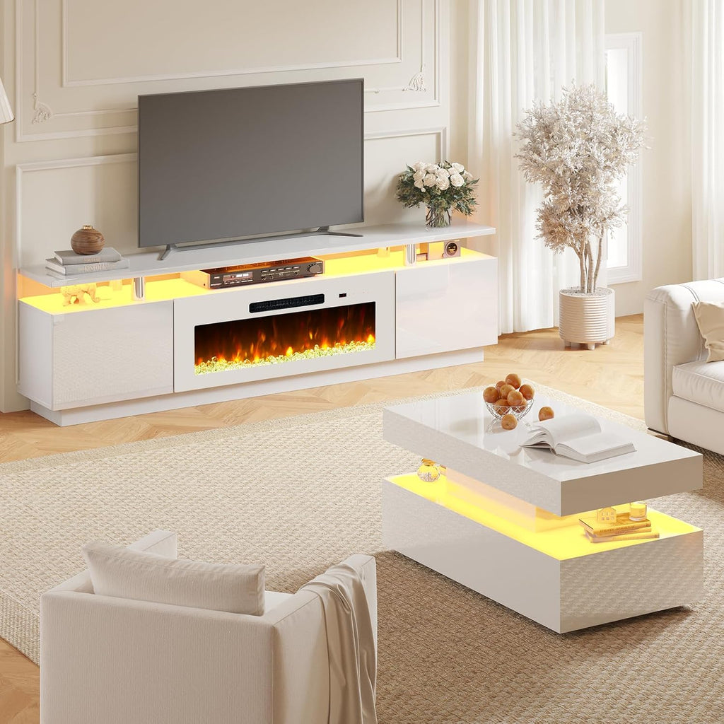 AMERLIFE 3 Piece Modern Living Room Table Set, Includes 80' High Gloss Fireplace TV Stand, 2-Tier Coffee Table, LED Lights Entertainment Center Set for Living Room, White