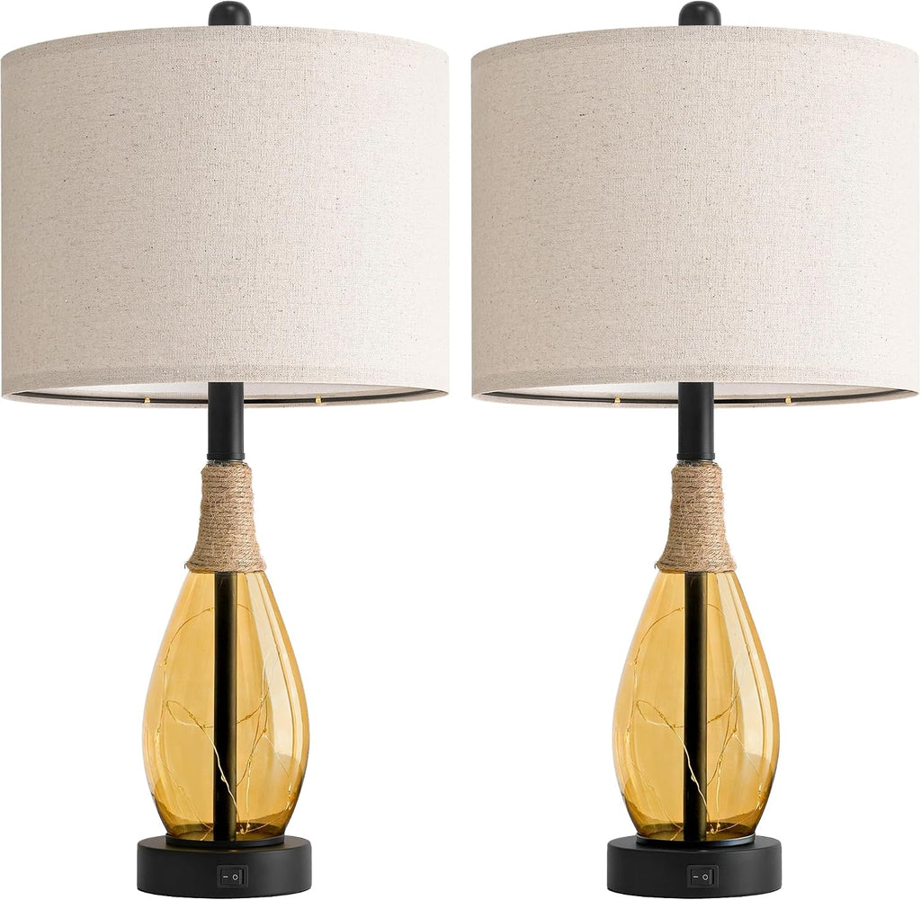 OYEARS 23' Table Lamps for Living Room Set of 2 Bedside Lamps for Night Stands Bedroom Lamps Farmhouse Rattan Boho Lamp Glass Nightlight End Table Lamp,Two Light Points