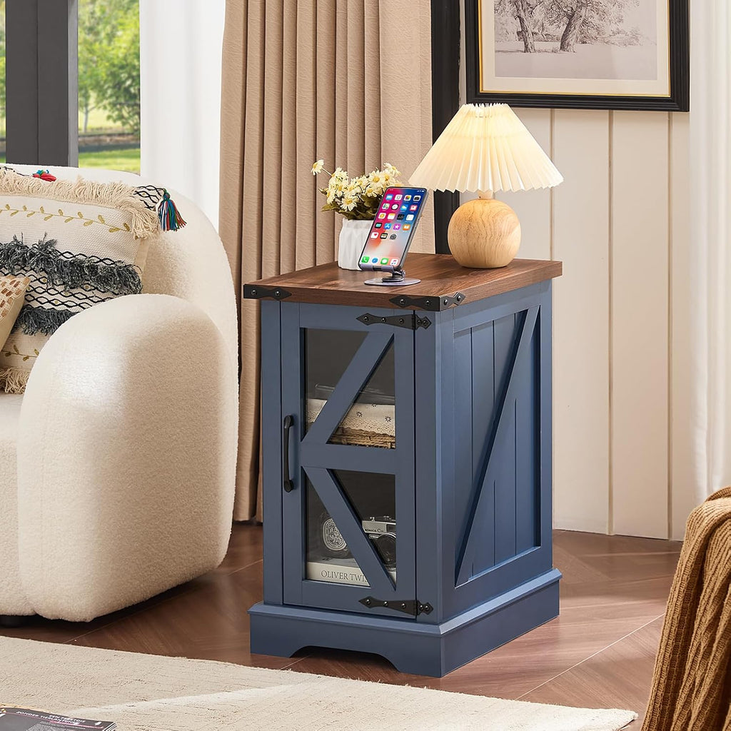 Joaxswe Farmhouse 14'' Side End Table Set of 2, Narrow Night Stand with Glass Barn Door, Storage Bedside Tables, Nightstand Cabinet Organizer for Small Spaces Living Room Bedroom