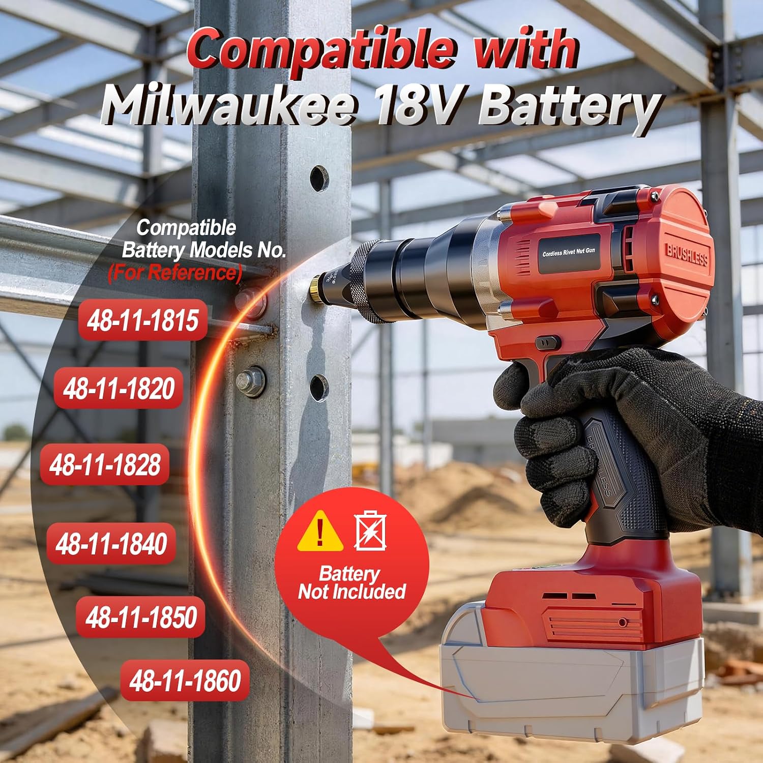 Electric Rivet Nut Tool Kit for Milwaukee 18V Battery(Not Included Battery), Rivet Nut Gun with 1/4', 5/16', 3/8' Head, Rivnut Gun with Auto Mode & Memory Function, for Metal Fabrication & Car Repair