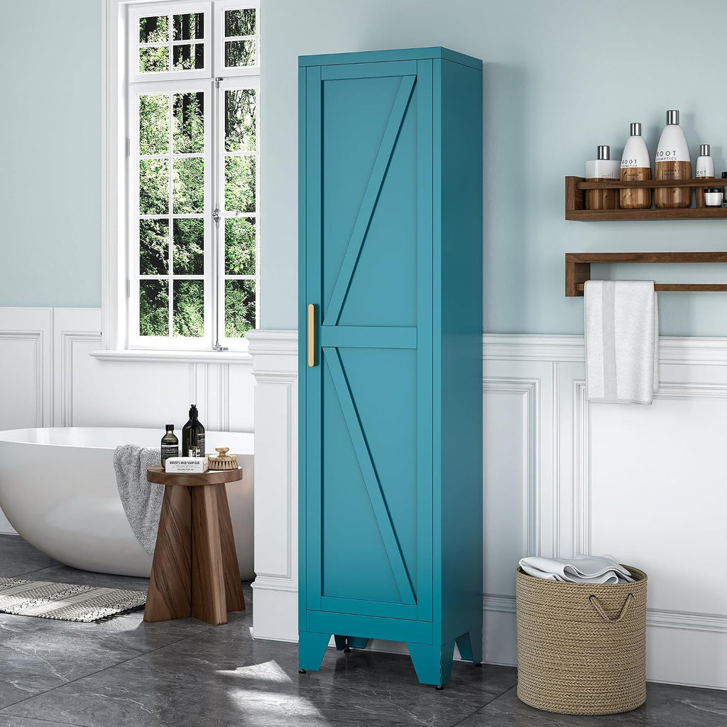Baborokic Tall Narrow Storage Cabinet,Metal Cabinet with 5 Adjustable Shelves,Narrow Pantry Storage Cabinetwith Single Barn Door, Slim Cabinets for Corner,Bathroom,Kitchen,Entryway 67H Blue