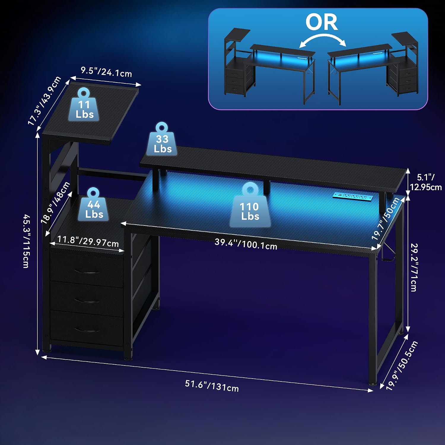 NEWBULIG Computer Gaming Desk with USB Charging Ports & LED Light, 52inch Home Office Desk with Storage Shelves & Monitor Stand, Work Study Corner Table with Drawer, Carbon Fiber Black