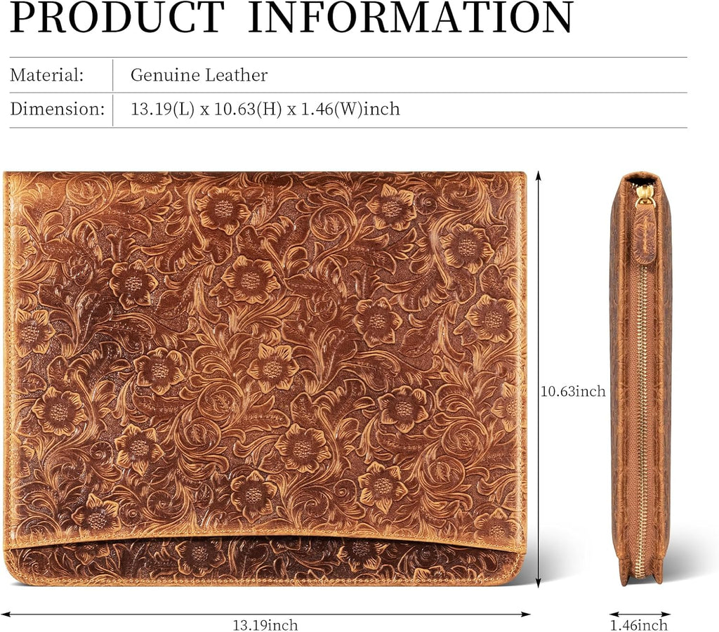 Gexmil Leather Portfolio Organizer for Women Men, Business Padfolio Folder with Zipper, Full Grain Leather,Interview Legal Document File Resume Organizer, A4 Writing Notepad Padfolio, Floral Brown