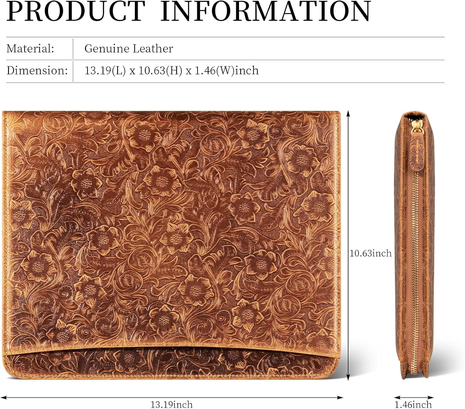 Gexmil Leather Portfolio Organizer for Women Men, Business Padfolio Folder with Zipper, Full Grain Leather,Interview Legal Document File Resume Organizer, A4 Writing Notepad Padfolio, Floral Brown