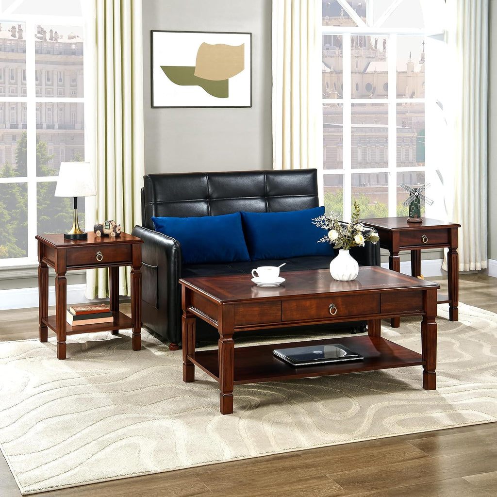 Living Room Table Set-1 Coffee Table and 2 End Tables with Storage Drawer and Shelf, Farmhouse Center Table with Wood Legs, Rectangular Corner Table, Easy Assembly Dark Cherry KFZ-D1258