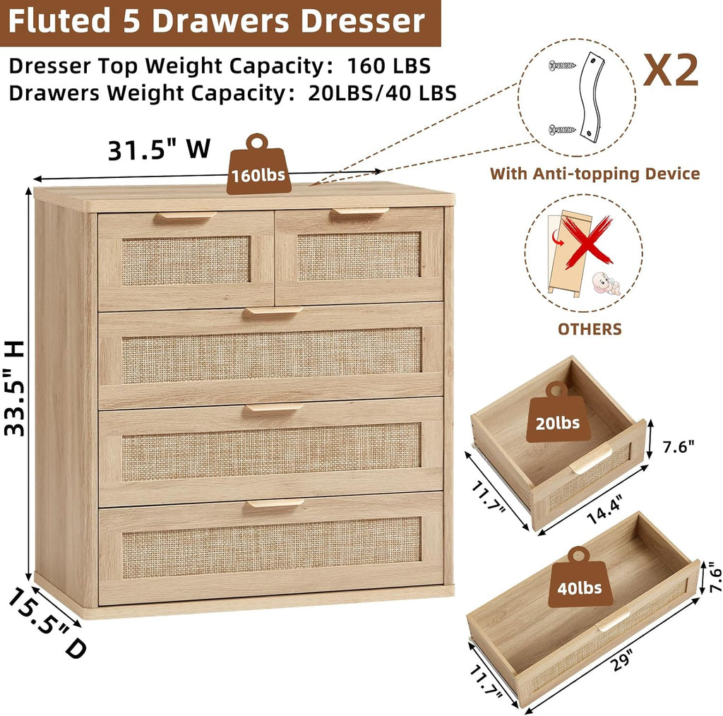 LEYAOYAO Rattan Dresser for Bedroom Set of 2, 33.5' Tall Chest of Drawers, Modern 5 Drawers Boho Dressers with Storage, Light Oak Dresser Wooden Closet Organizer for Living Room, Hallway, Natural Wood