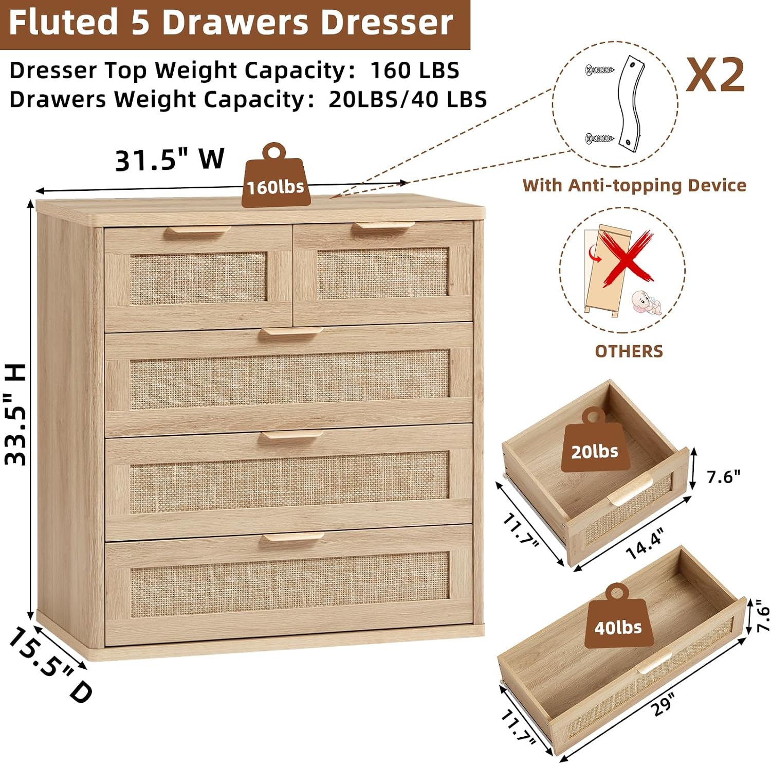 LEYAOYAO Rattan Dresser for Bedroom Set of 2, 33.5' Tall Chest of Drawers, Modern 5 Drawers Boho Dressers with Storage, Light Oak Dresser Wooden Closet Organizer for Living Room, Hallway, Natural Wood