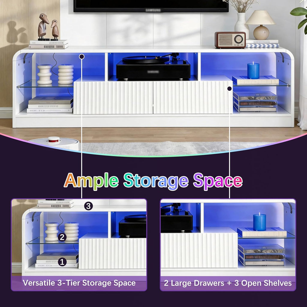 Wodeer Mid Century Modern TV Stand for 55 60 65 70 75 Inch TVs, Fluted TV Stands for Living Room with LED Lights, 63'' Entertainment Center with 2 Large Drawers & Glass Shelves, White