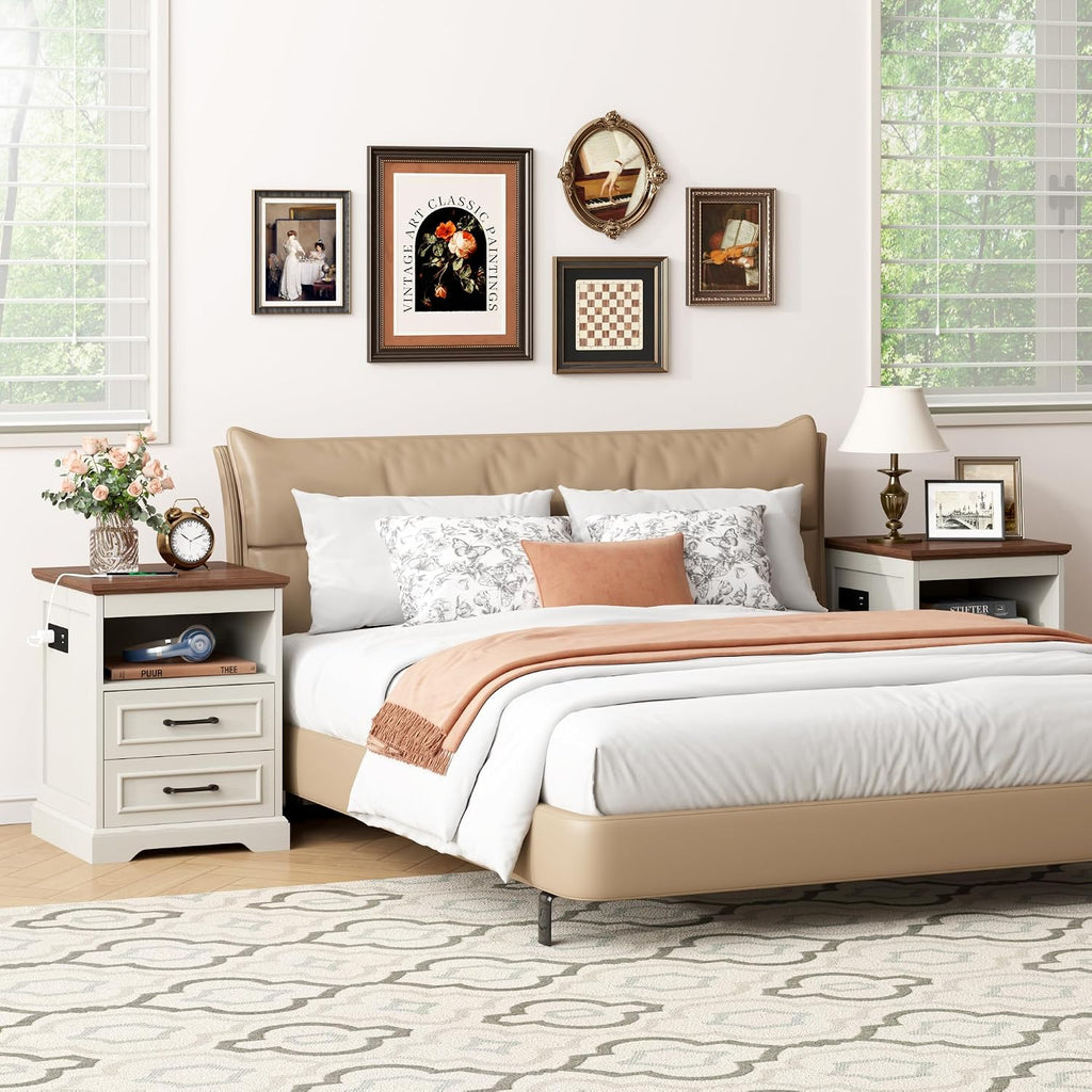 Gadroad 18' Farmhouse Accent Nightstand with Charging Station, End Table with 3 Drawers Storage, Side Table, Bedside Cabinet for LivingRoom Bedroom Office, Brown