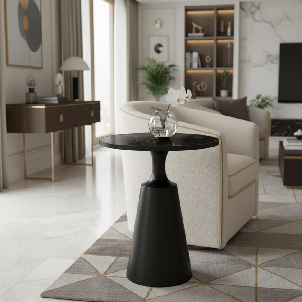 Merax Modern Iron Side Table with Marble Pattern Top (20' Diameter) – 24.25' H Accent Table with Conical Base – Minimalist Round End Table for Living Room & Bedroom & Office, Assembly-Free, Black