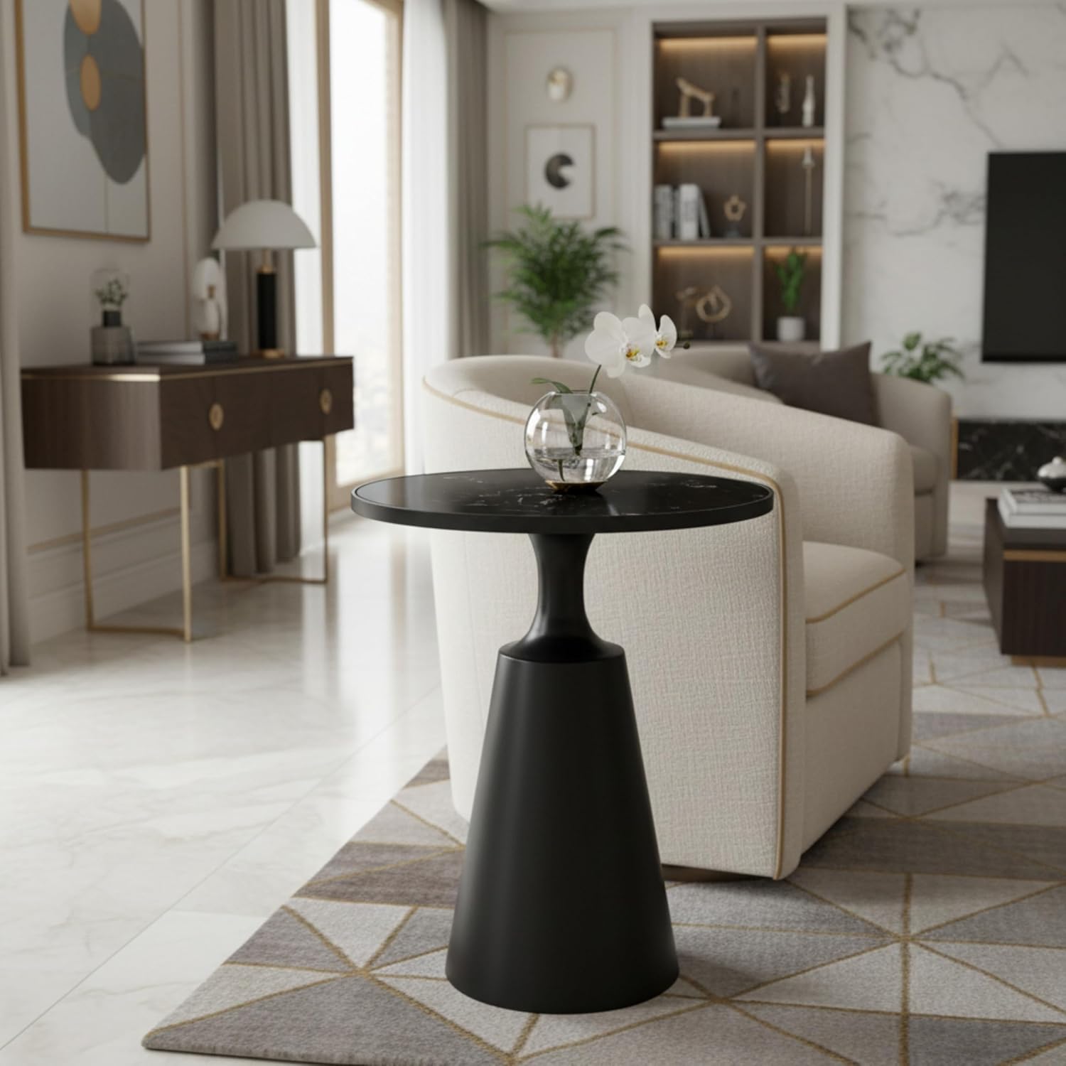 Merax Modern Iron Side Table with Marble Pattern Top (20' Diameter) – 24.25' H Accent Table with Conical Base – Minimalist Round End Table for Living Room & Bedroom & Office, Assembly-Free, Black