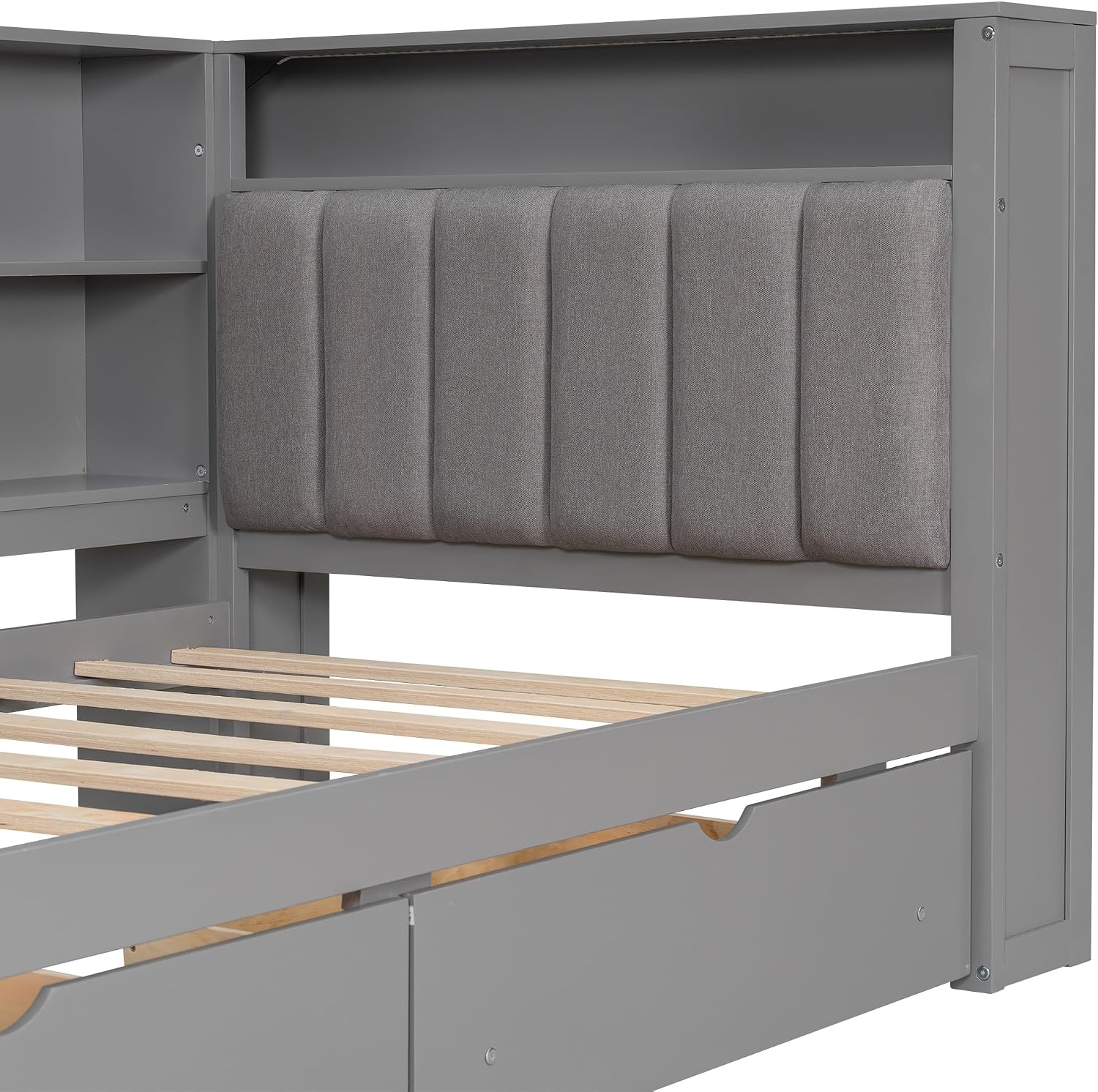 Bellemave Twin Corner Bed with Bookcase Storage and LED Lights, Twin Daybed with Upholstered Headboard and Charging Station, Wooden Platform Bed Frame with Desk and 2 Large Drawers, Grey