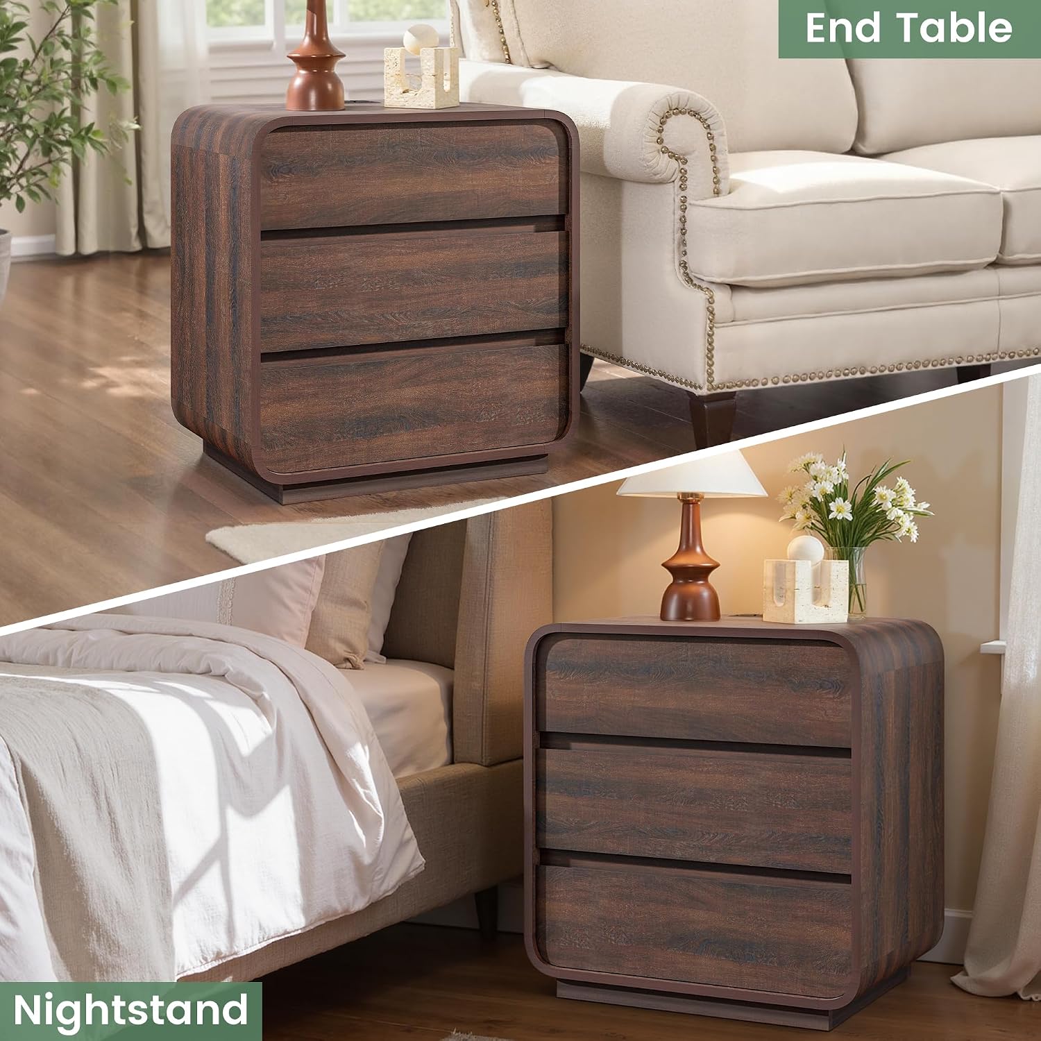 Standifurno Walnut 3 Drawers Nightstand, 25' Tall Wooden Bedside Table with Charging Station, Large Side Table Curved Profile, Handleless, Large End Table Night Stand for Bedroom, Office