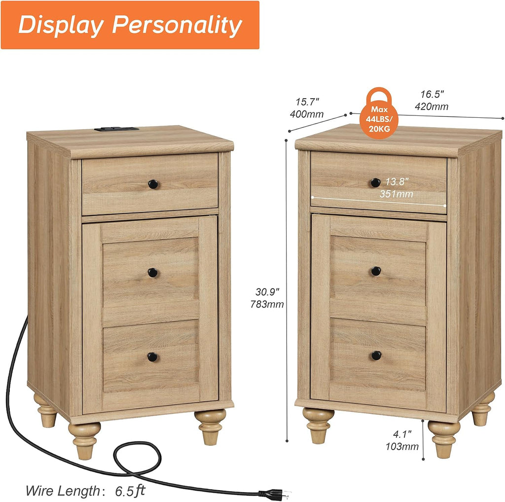 WAMPAT Set of 2 End Table with Charging Station & Power Outlets & USB Ports, Farmhouse Side End Table with Drawer and Storage Cabinet for Bedroom, Oak