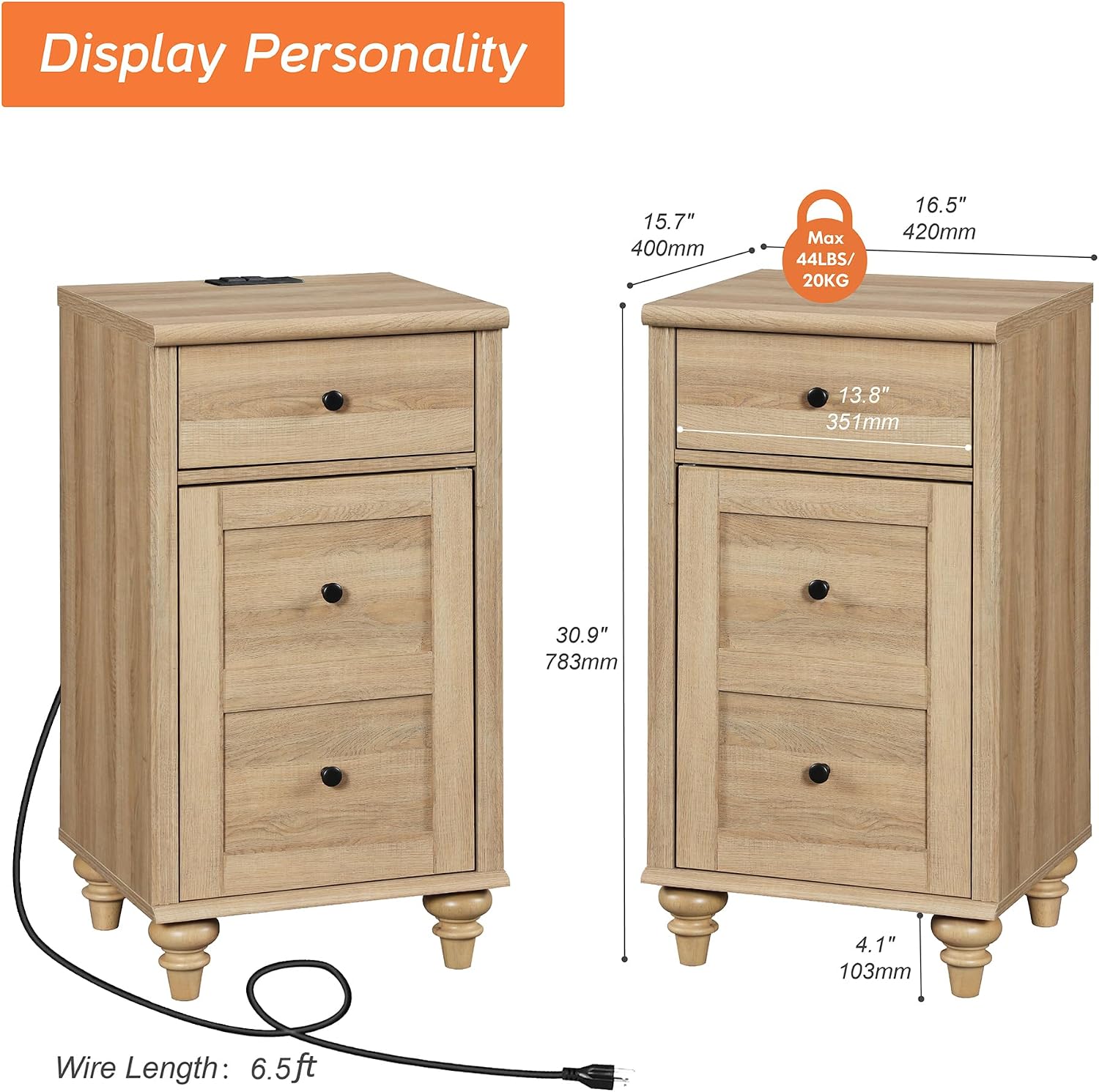 WAMPAT Set of 2 End Table with Charging Station & Power Outlets & USB Ports, Farmhouse Side End Table with Drawer and Storage Cabinet for Bedroom, Oak