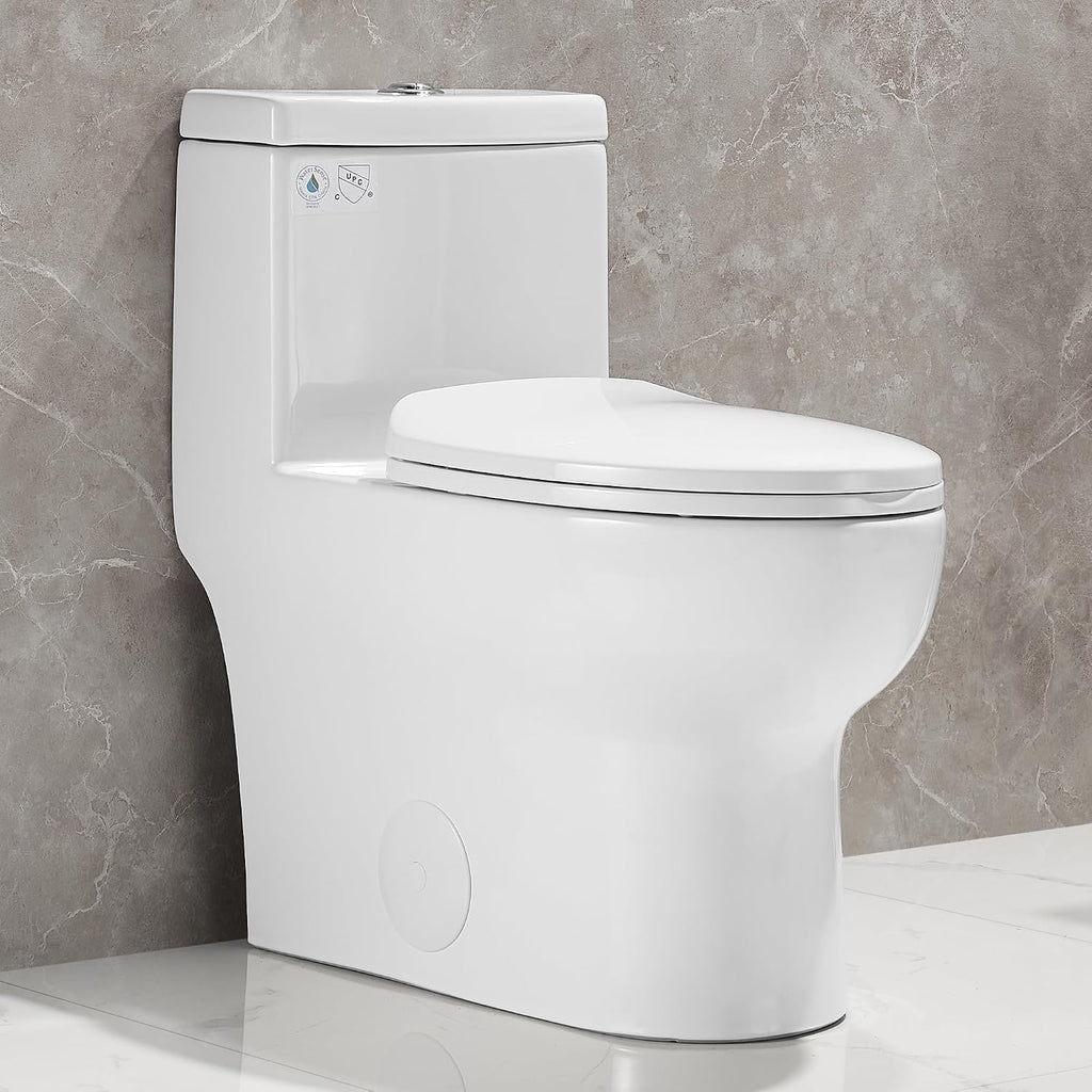 Swiss Madison Well Made Forever SM-1T277, Sublime II One-Piece Round Toilet & DeerValley DV-1F026 Ally Dual Flush Elongated Toilet with Soft Close Seat, High-Efficiency Supply