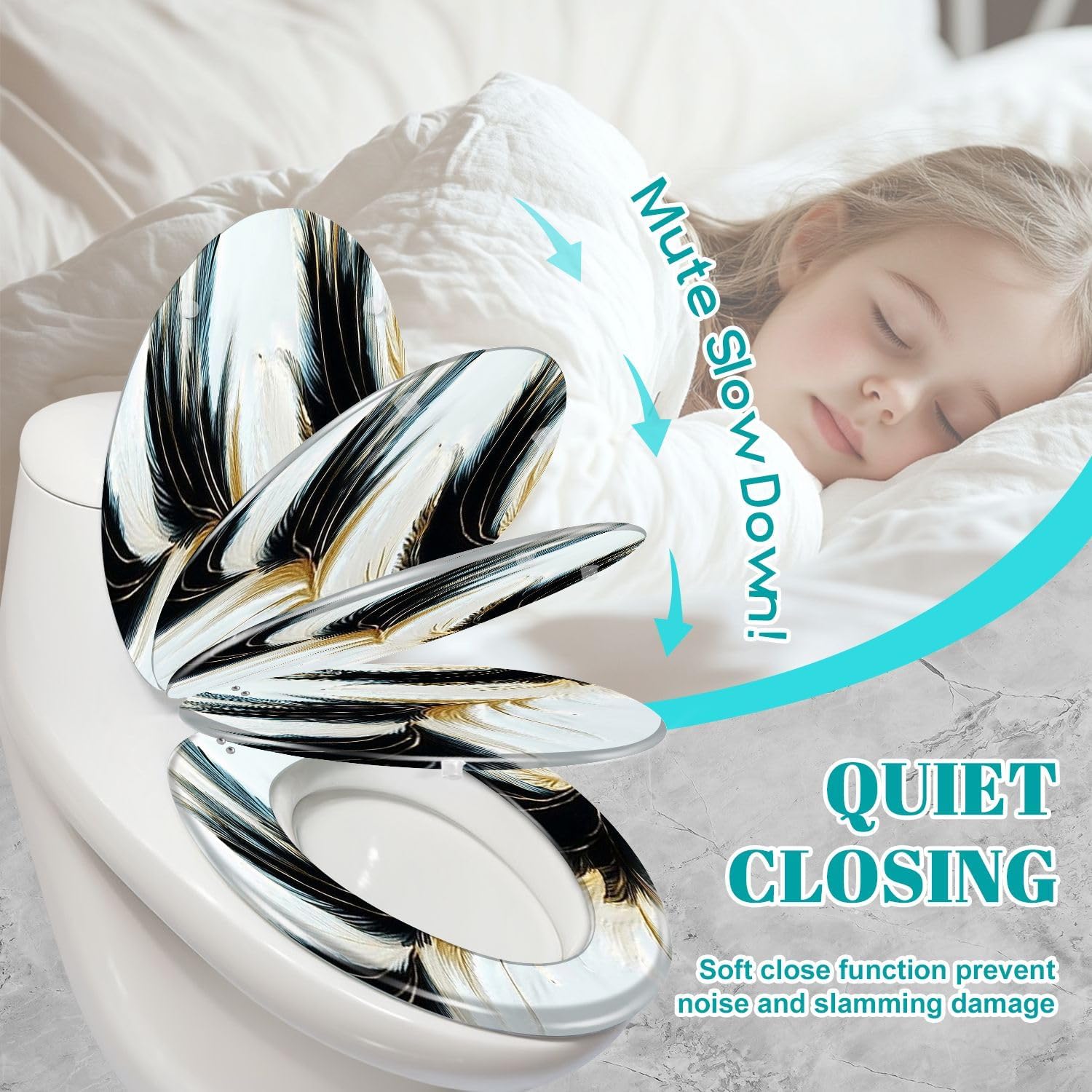 Elongated Toilet Seat luxury black white golden feathers Resin Toilet Seat Slow Quiet Close Lid with Quick-Release Hinges Cover Bumpers Easy to Clean Install