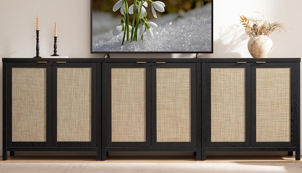 SICOTAS Rattan Sideboard Buffet Storage Cabinet - 3 Pieces Boho Farmhouse Coffee Bar Cabinet Credenza Cabinet with Storage and Rattan Decorated Doors for Home Kitchen, Black