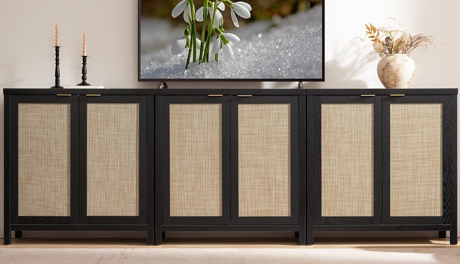 SICOTAS Rattan Sideboard Buffet Storage Cabinet - 3 Pieces Boho Farmhouse Coffee Bar Cabinet Credenza Cabinet with Storage and Rattan Decorated Doors for Home Kitchen, Black