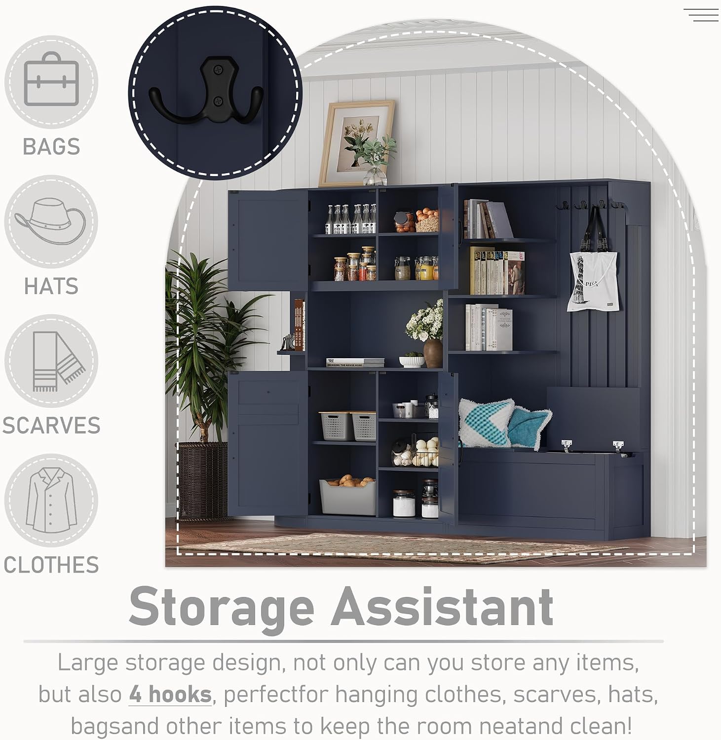 Multifunctional Hall Tree with Shoe Bench & Storage Cabinet,2-in-1 Left-Right L-Shaped Corner Entryway Cabinets with Coat Rack & Open Shelves,Modern Storage Organizer for,Living Room (Antique Blue)