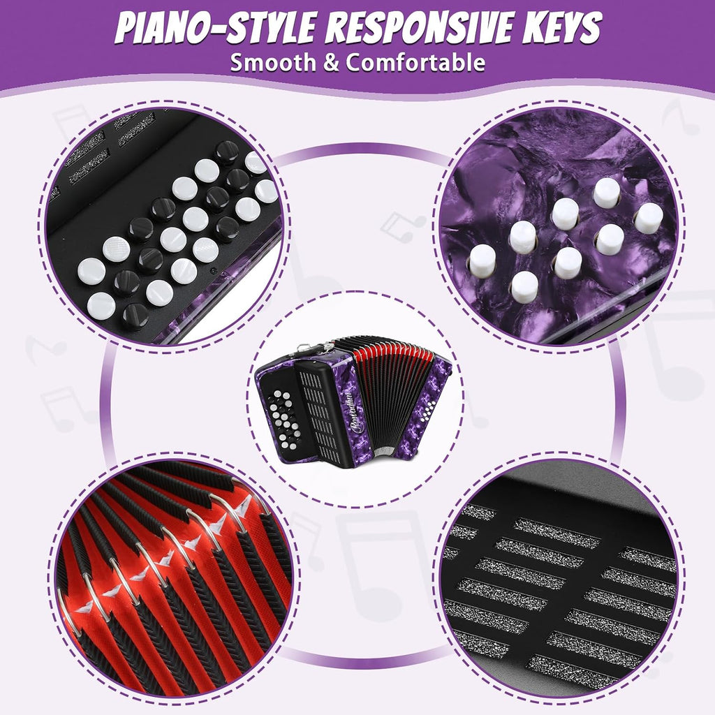 Accordions,22 keys Accordion,8 Bass Student Piano accordions Suitable for beginners and students Lightweight and portable, comes with a backpack and adjustable straps (8 Bass, Purple)