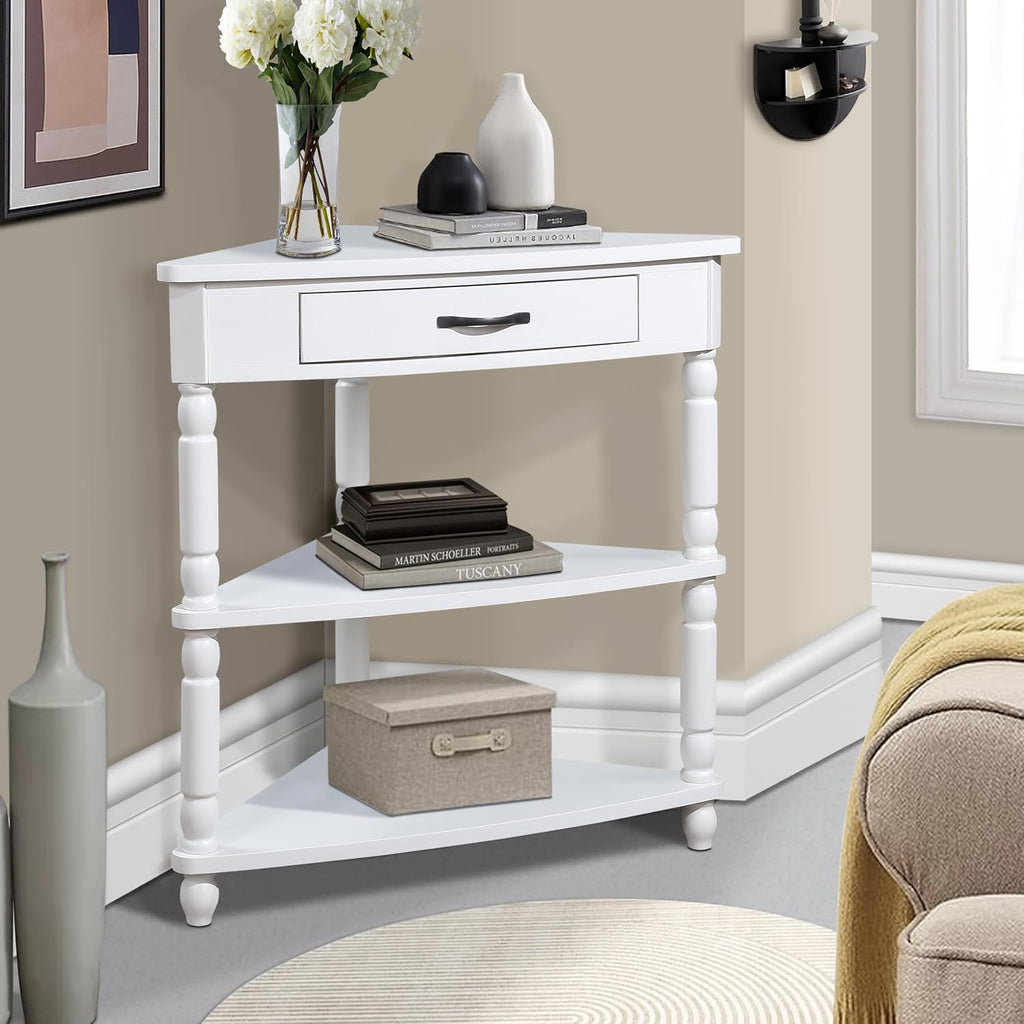33.8'' Small Triangle Corner Table,3 Tier End Corner Table with Open Shelf and Solid Wood Legs,Wood Corner Side Table with 1 Storage Drawer for Bedroom,Living Room,Small Spaces (Milk White)