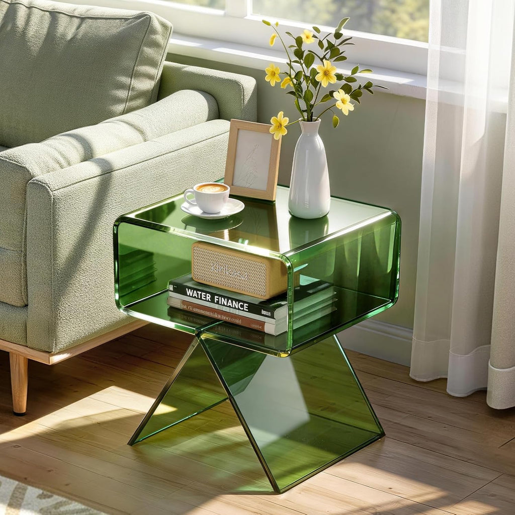 VEVOR Acrylic Nightstand Side Table, Modern Clear End Table with Storage Shelf, Transparent Small Bedside Table for Bedroom, Home Decor, Living Room, No Assembly Needed, Green