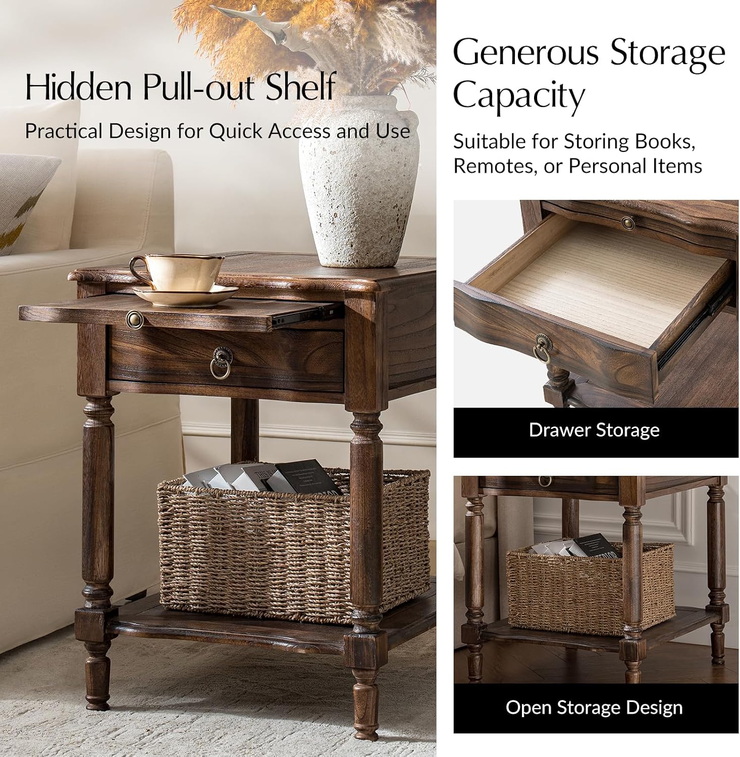 HULALA HOME Small End Table with Charging Station, Solid Wood Side Table with a Drawer & Open Shelf, Vintage Finish, Spindle Legs(Walnut, Set of 2)