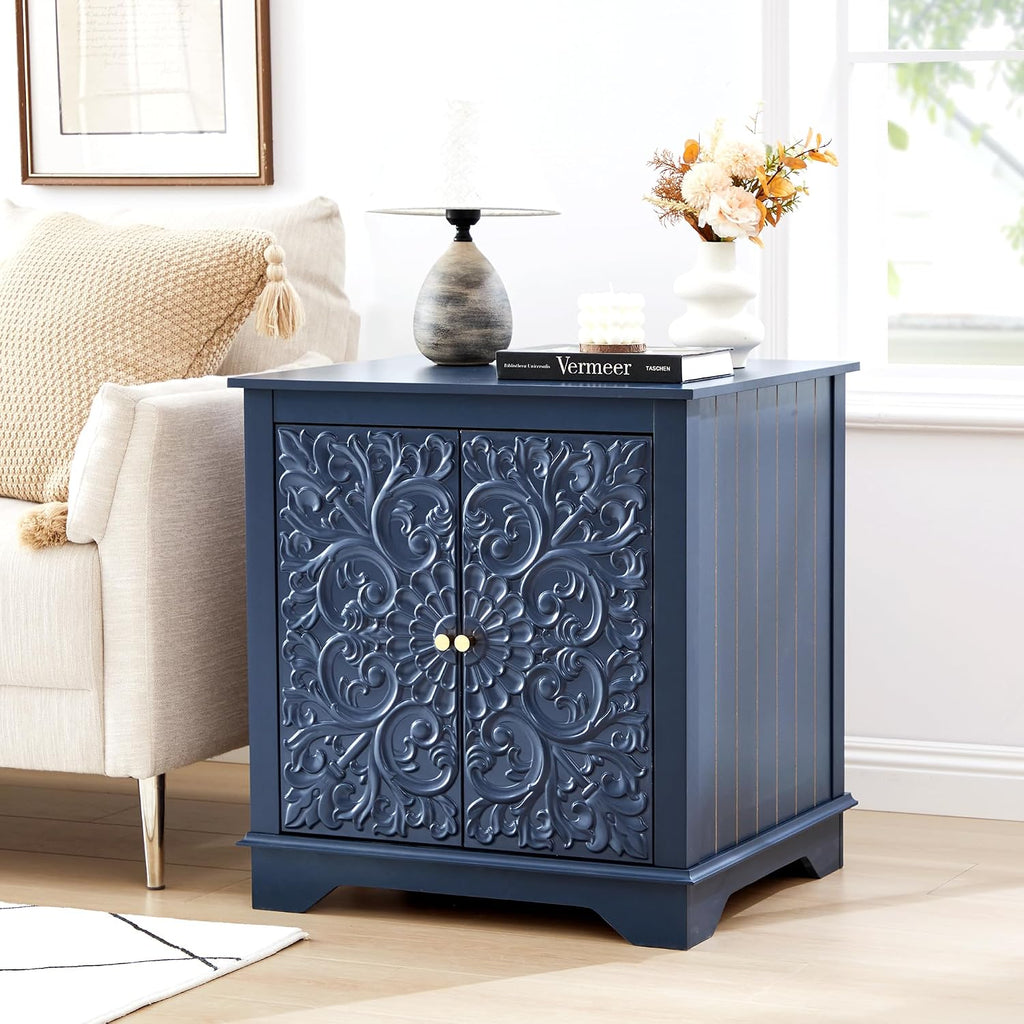 weselon End Table Set of 2, 24' Farmhouse Nightstand with Carved Floral Door & Adjustable Shelf, Square Wooden Sofa Side Table with Storage for Living Room Bedroom (Midnight Blue)