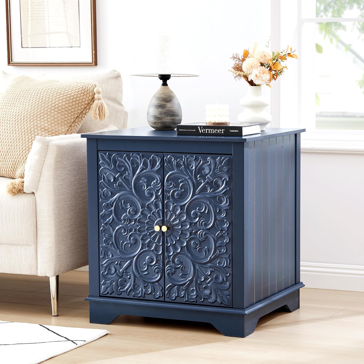 weselon End Table Set of 2, 24' Farmhouse Nightstand with Carved Floral Door & Adjustable Shelf, Square Wooden Sofa Side Table with Storage for Living Room Bedroom (Midnight Blue)