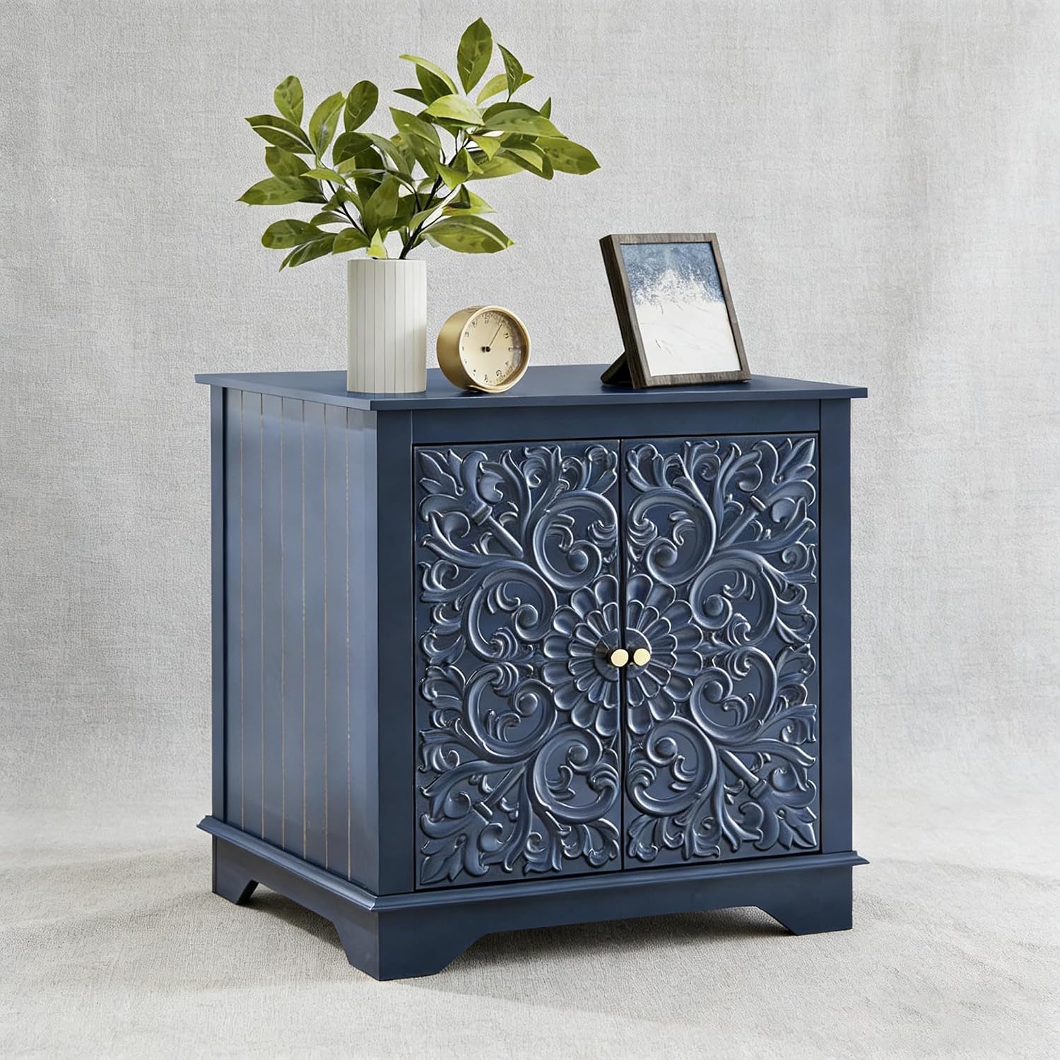 weselon Farmhouse End Table with Carved Floral Door, 24' Wide Nightstand with Adjustable Shelf, Wooden Square Sofa Side Table Storage Table for Living Room Bedroom (Midnight Blue)
