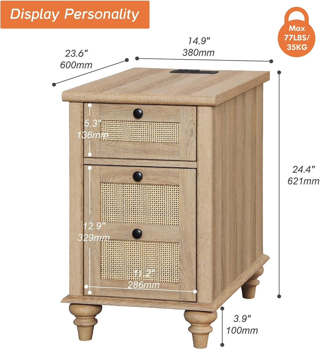 WAMPAT Tall Side Table with Charging Station, Rattan Night Stand with Drawer & Cabinet, Narrow Wooden End Table with Power Outlets & USB Ports for Living Room, Bedroom, Oak